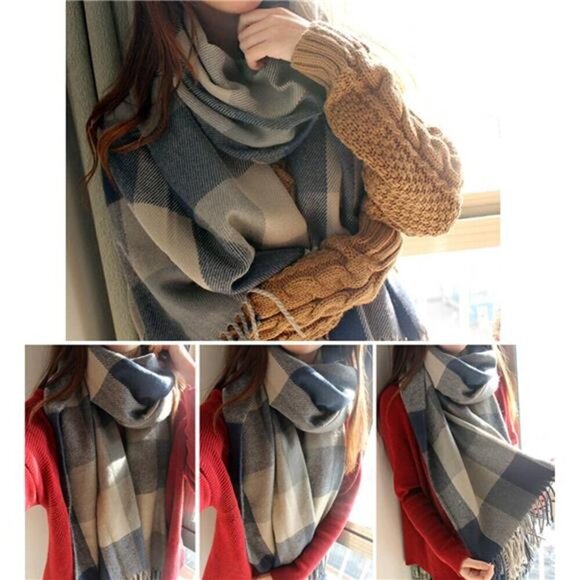Blanket Scarf Long Plaid Women's Chunky Oversized Fall Warm Winter Grey Blue - Picture 5 of 7